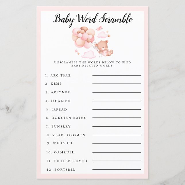 Teddy Baby shower rose Baby Word Scramble Jeu (Devant)