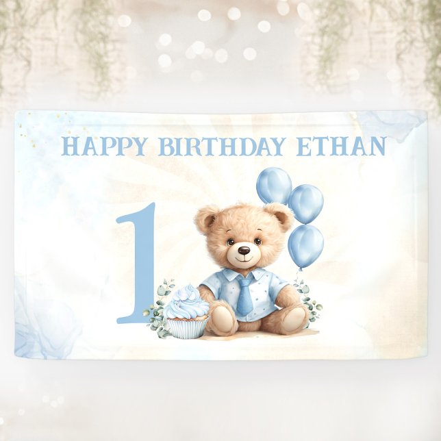 Teddy Bear 1er Anniversaire Ballons Bleus Bannière (Teddy Bear 1st Birthday Blue Balloons Banner)