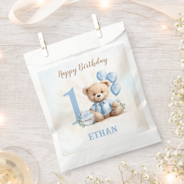 Teddy Bear 1er Anniversaire Bleu Beige Faveur Sacs (Coupé)