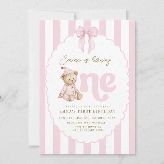 Teddy Bear 1st Birthday Invitation Girl (Devant)