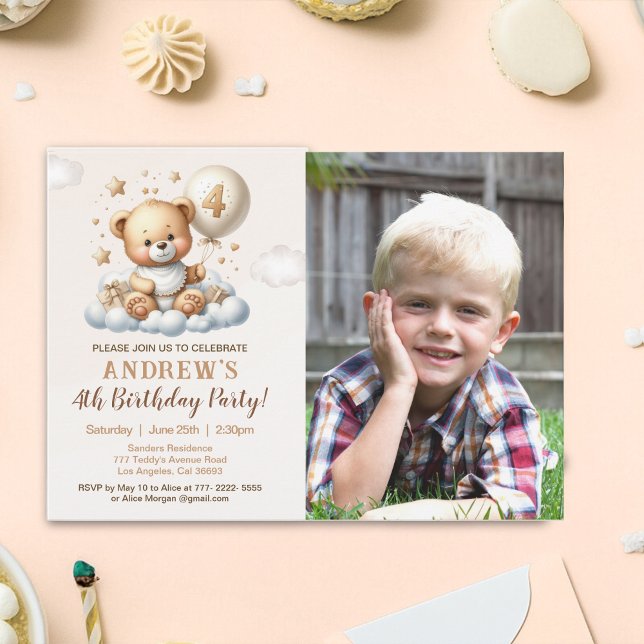 Teddy Bear 4th Birthday Photo Invitation for Boys (Créateur téléchargé)