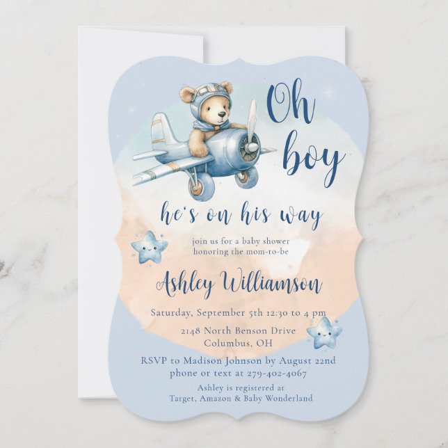 Teddy Bear Aviator Oh Boy Baby shower Invitation (Devant)