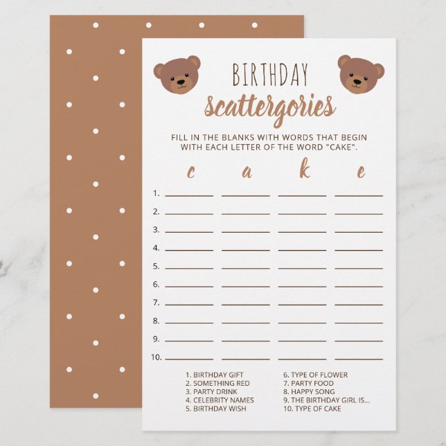 Teddy Bear Baby Birthday Cake Scattergories Jeu (Devant / Derrière)