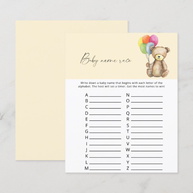 Teddy Bear - Baby name race jeu (Devant / Derrière)