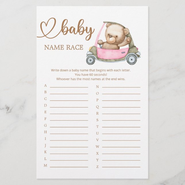 Teddy Bear Baby shower Baby Name Race Game (Devant)