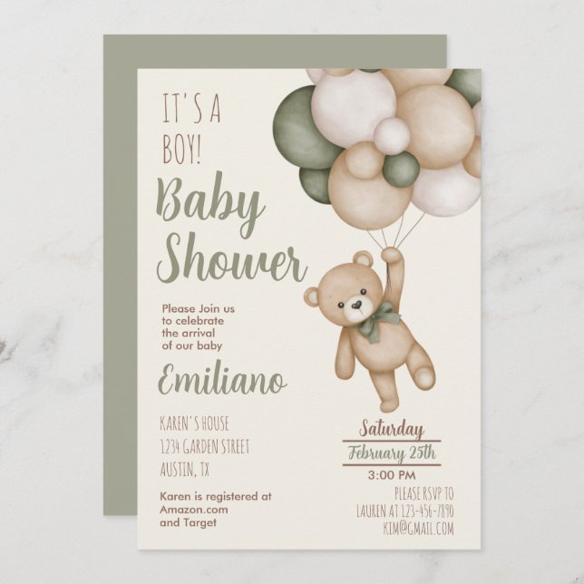 Teddy Bear Baby shower Boy Invitation (Devant / Derrière)