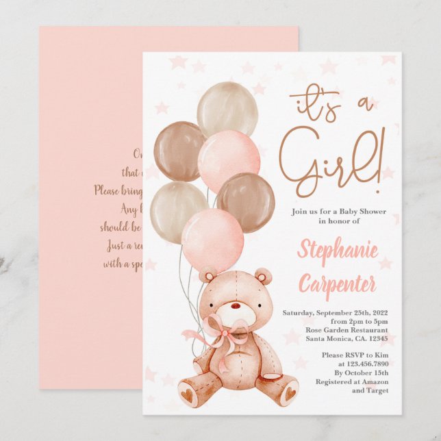 Teddy Bear Baby shower girl Invitation (Devant / Derrière)