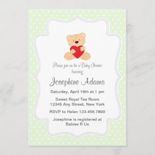 Teddy Bear Baby shower Invitation Mint Green