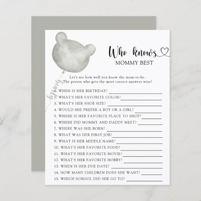 Teddy Bear baby shower, Qui connaît maman mieux (Devant / Derrière)