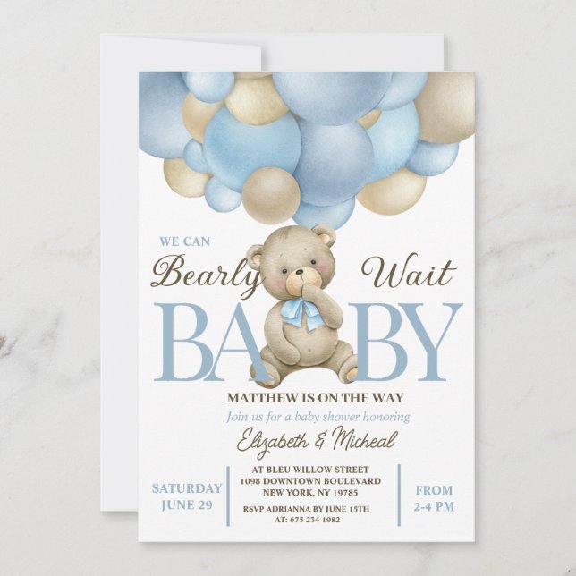 Teddy Bear Balloon Theme Baby Shower Invitation (Devant)