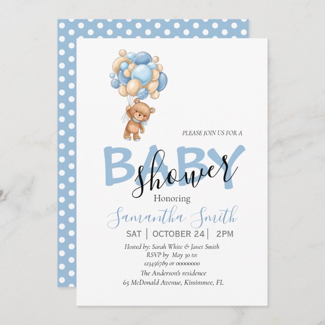 Teddy Bear Balloons Boy Baby shower Invitation (Devant / Derrière)