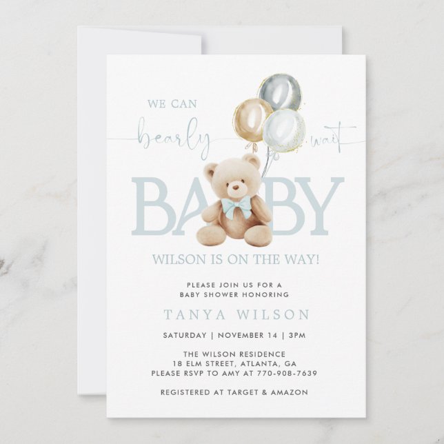 Teddy Bear Balloons Boy Baby shower Invitation (Devant)