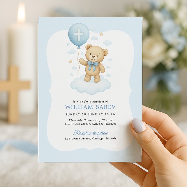 Teddy Bear Baptism Invitation pour garçon (Sweet teddy bear baptism invite with cross balloon – hand-held design for baby boy celebration)