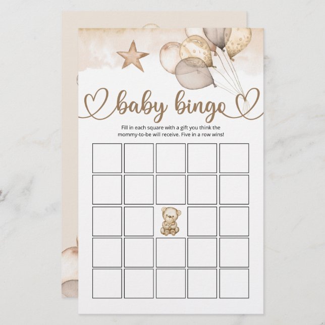 Teddy Bear Bear Baby shower Bingo Jeu (Devant / Derrière)