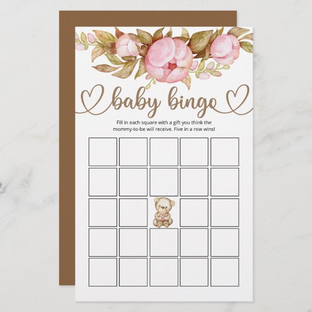 Teddy Bear Bear Baby shower Bingo Jeu (Devant / Derrière)