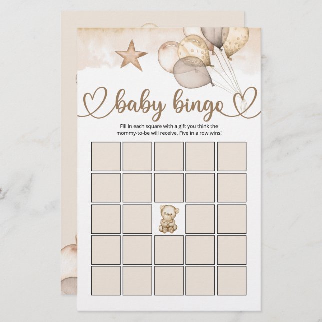 Teddy Bear Bear Baby shower Bingo Jeu (Devant / Derrière)