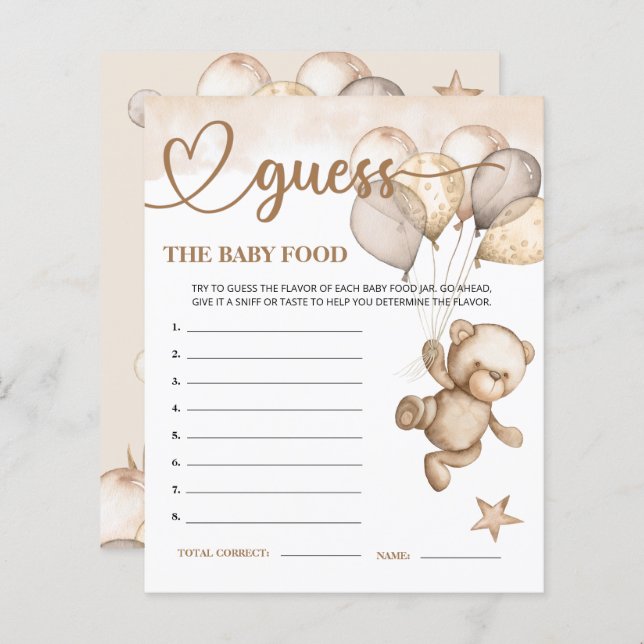 Teddy Bear Bear Bear Guess the Baby Food Card. (Devant / Derrière)