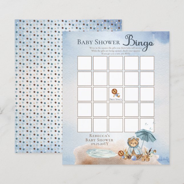 Teddy Bear Bearly Wait Boy Baby shower Bingo Invi (Devant / Derrière)