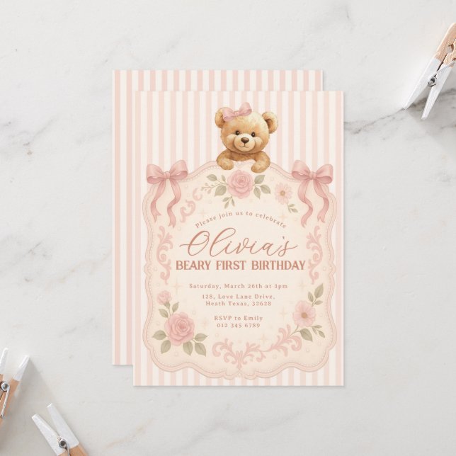 Teddy Bear Birthday Invitation  (Devant/Arrière en situation)