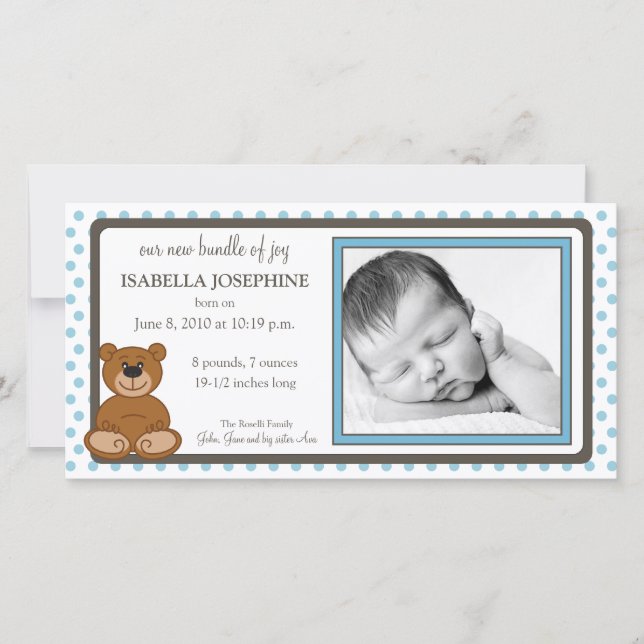 Teddy Bear Bleu Faire-part de naissance Customisé (Devant)