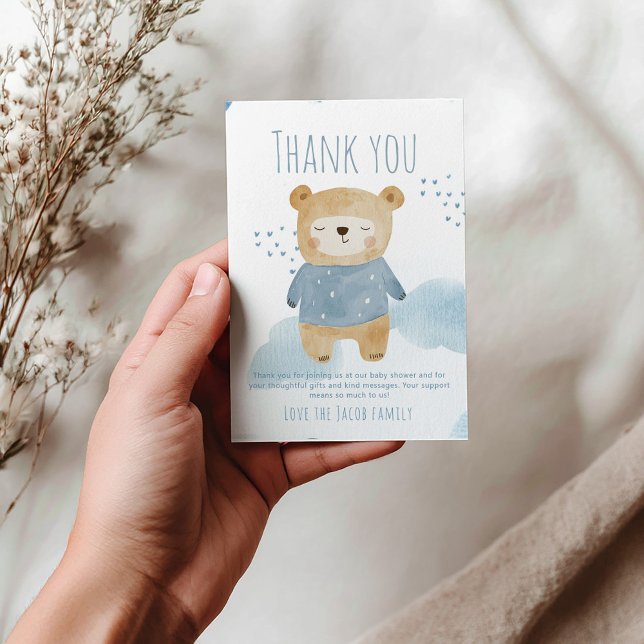 Teddy Bear bleu garçon Baby shower mignon merci (Blue sleepy bear baby shower boy thank you card)