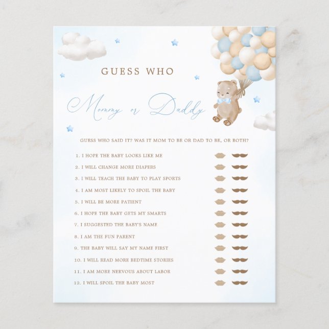 Teddy Bear Blue Baby shower maman ou papa jeu (Devant)