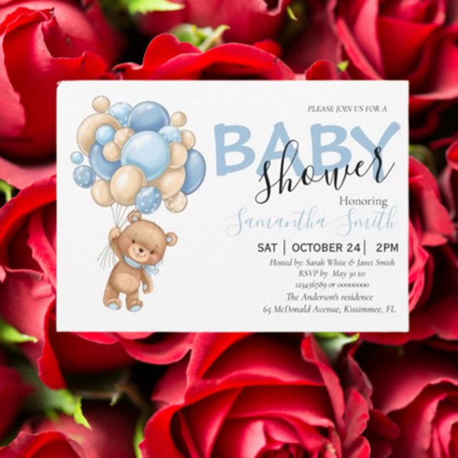 Teddy Bear Blue Balloon Baby Shower Invitations (Celebrate your little one with adorable teddy bear blue balloon baby shower invitations.)