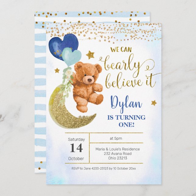 Teddy Bear Blue Balloon Boy Invitation Anniversair (Devant / Derrière)