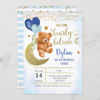 Teddy Bear Blue Balloon Boy Invitation Anniversair