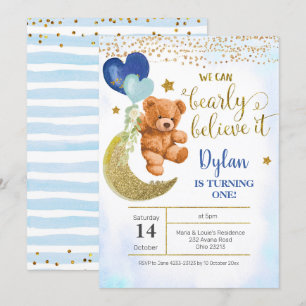 Teddy Bear Blue Balloon Boy Invitation Anniversair