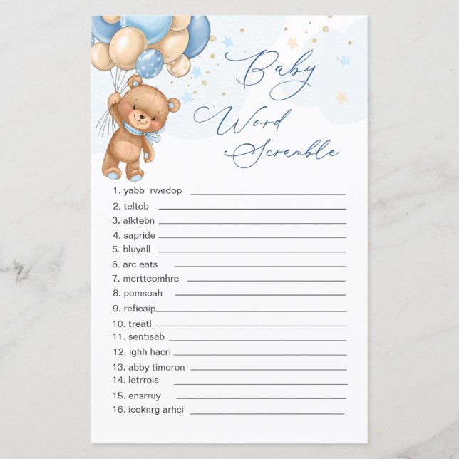 Teddy Bear Blue Balloons Word Scramble Jeu (Devant)