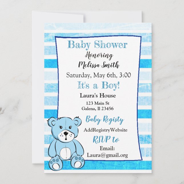Teddy Bear Blue Boy Baby Shower Invitations (Devant)