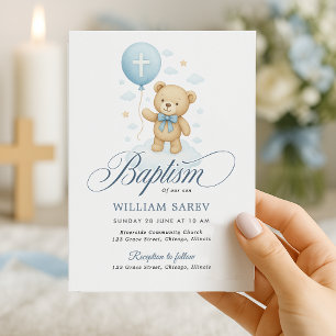 Teddy Bear Blue Boy Baptism Invitation