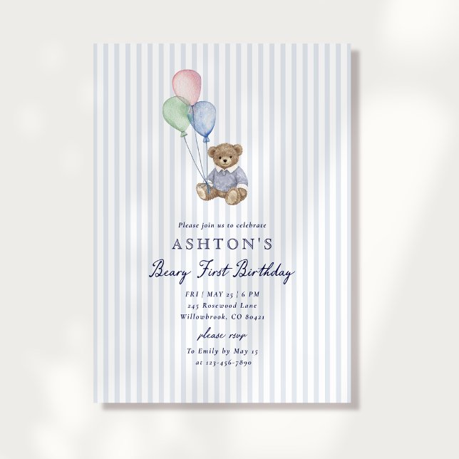 Teddy Bear Blue Stripes First Birthday Invitation  (Créateur téléchargé)