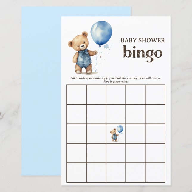 Teddy Bear Boy Baby shower Bingo Jeu (Devant / Derrière)