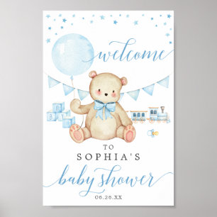 Teddy Bear Boy Blue Baby shower Affiche de bienven