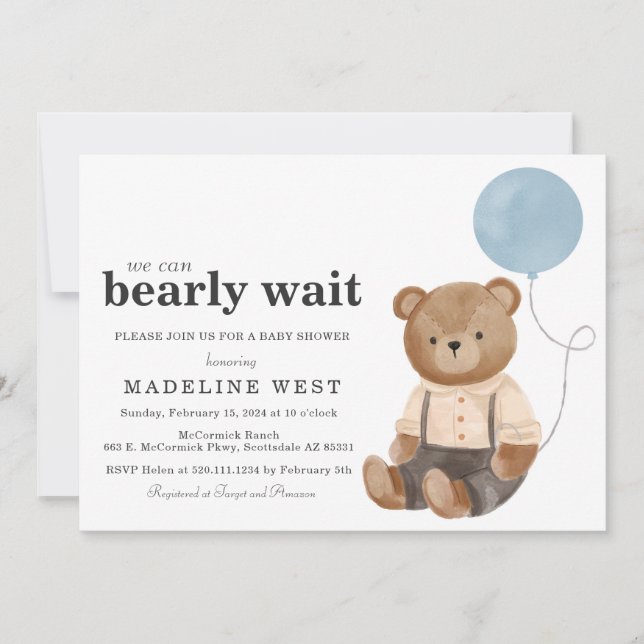 Teddy Bear Boy Blue Baby shower Invitation (Devant)