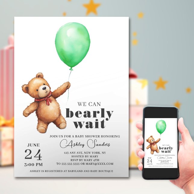 Teddy Bear Boy Green Baby shower Invitation (Créateur téléchargé)