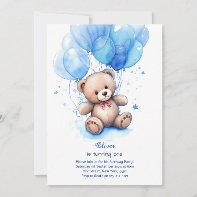 Teddy Bear Boy Invitation pour le premier annivers (Devant)