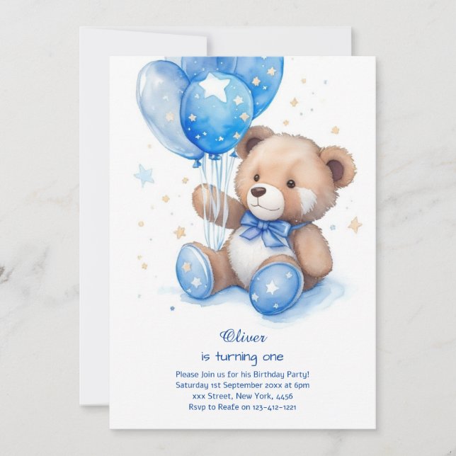 Teddy Bear Boy Invitation pour le premier annivers (Devant)