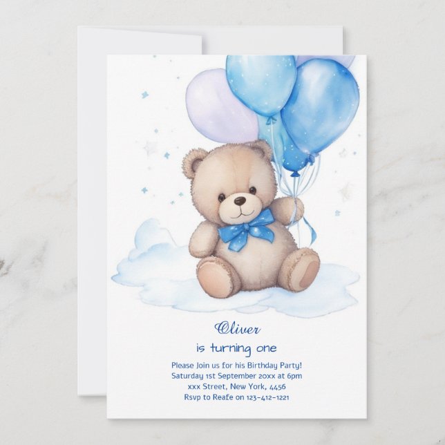 Teddy Bear Boy Invitation pour le premier annivers (Devant)