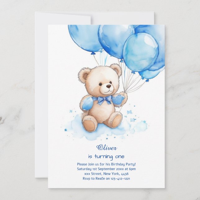 Teddy Bear Boy Invitation pour le premier annivers (Devant)