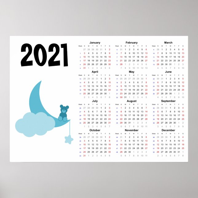 Teddy bear Calendrier 2021 Poster - Dimanche début (Devant)