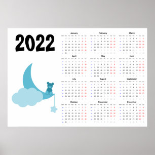Teddy bear Calendrier 2022 Poster - Lundi début