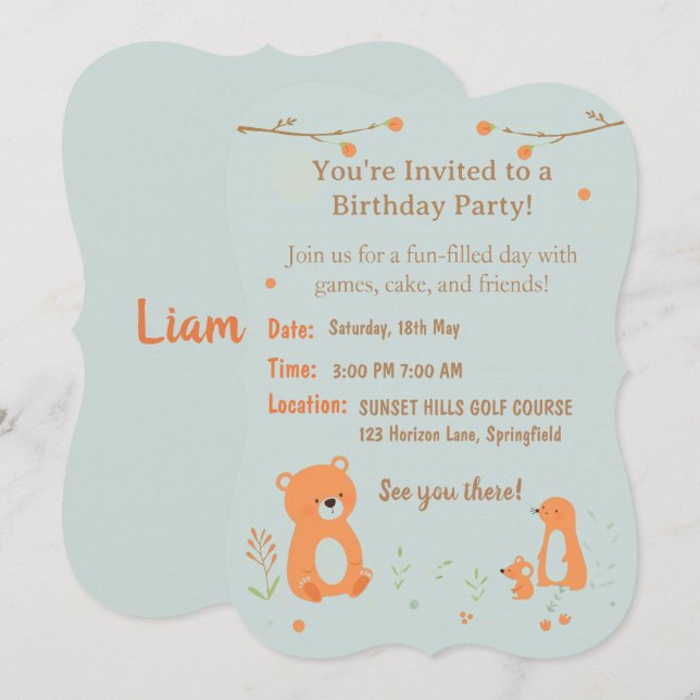 Teddy Bear Childish Birthday Invitation Card  (Devant / Derrière)