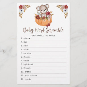 Teddy Bear Citrouille Automne Baby shower Mot Jeu