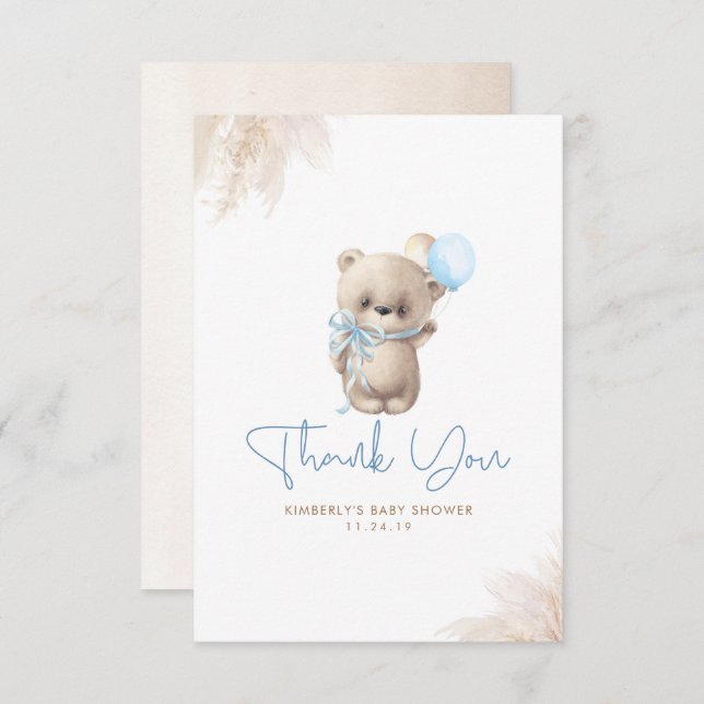 Teddy Bear Cute Boy Baby shower Merci (Devant / Derrière)