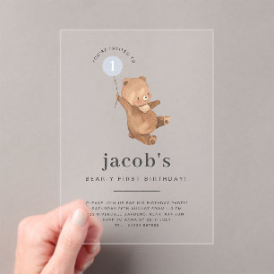 Teddy Bear First Birthday Invitation Bleu Balloon
