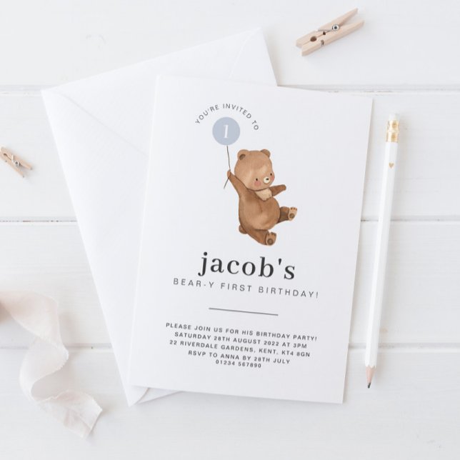 Teddy Bear First Birthday Invitation Bleu Balloon (Créateur téléchargé)