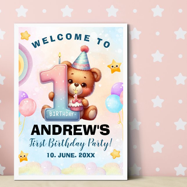 Teddy Bear First Birthday Poster | Nursery & Party (Créateur téléchargé)